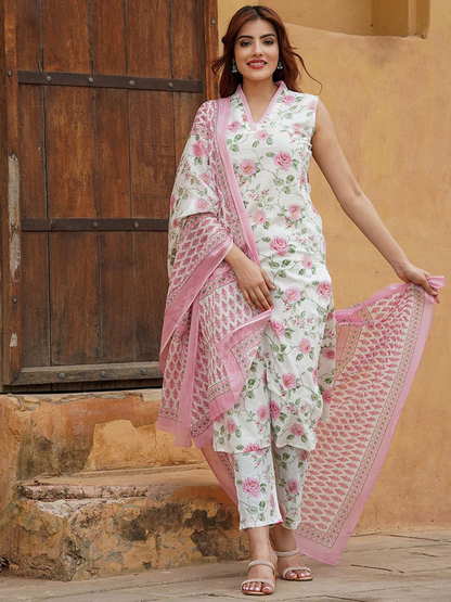 Floral Printed V-Neck Pure Cotton Kurta With Trousers & Dupatta