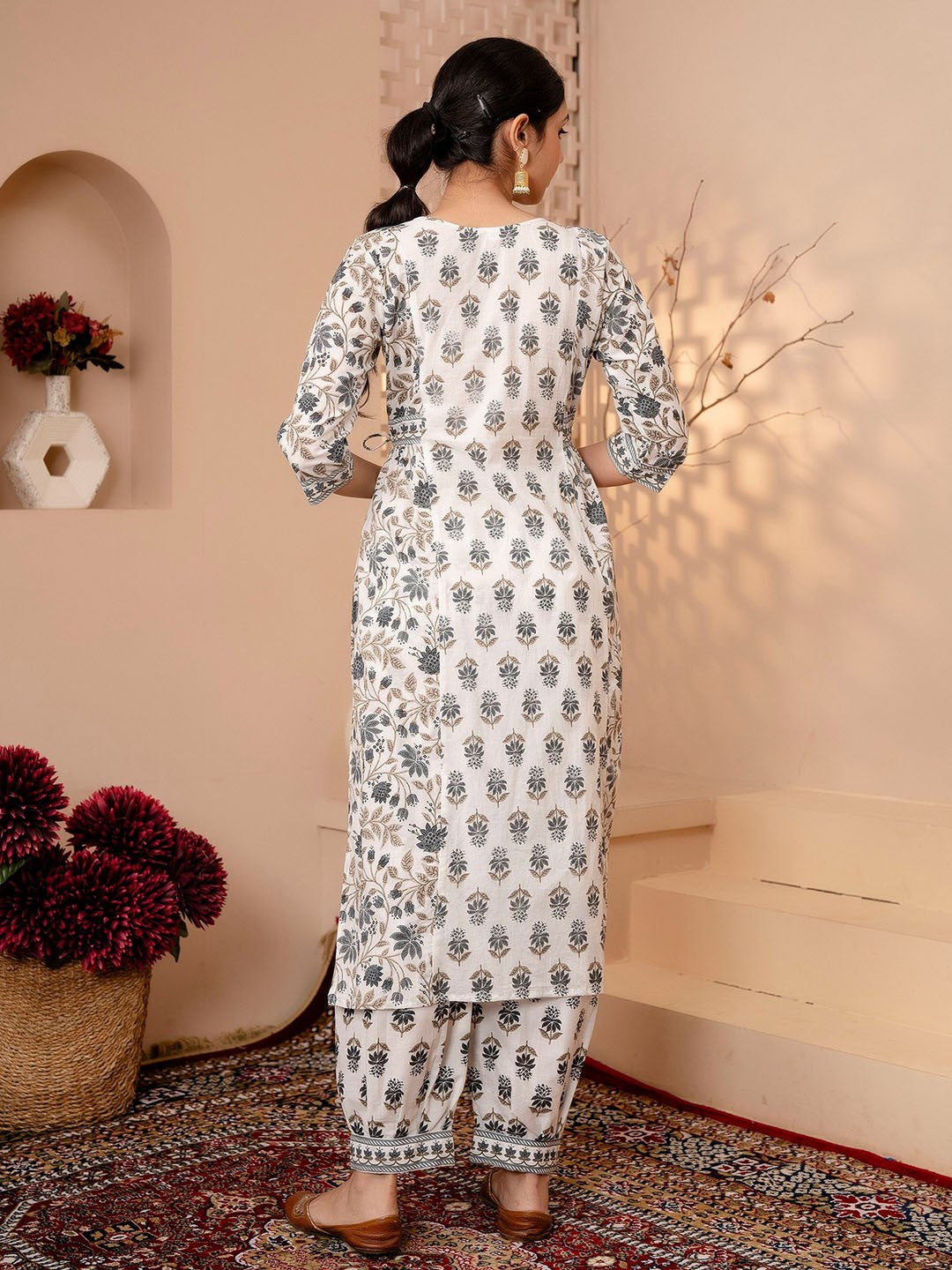 Floral Printed Regular Sequinned Pure Cotton Kurta With Trouser & Dupatta