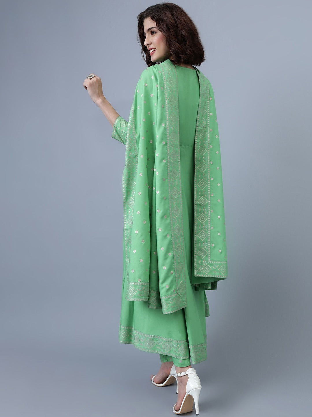 Yoke Design Sequinned Anarkali Kurta with Trousers & Dupatta