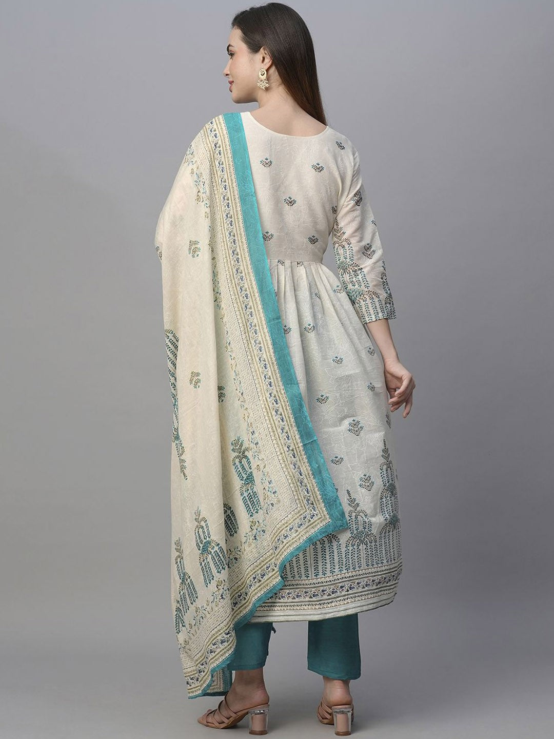 Women Ethnic Motifs Printed Angrakha Thread Work Pure Cotton Kurta with Trousers & With Dupatta