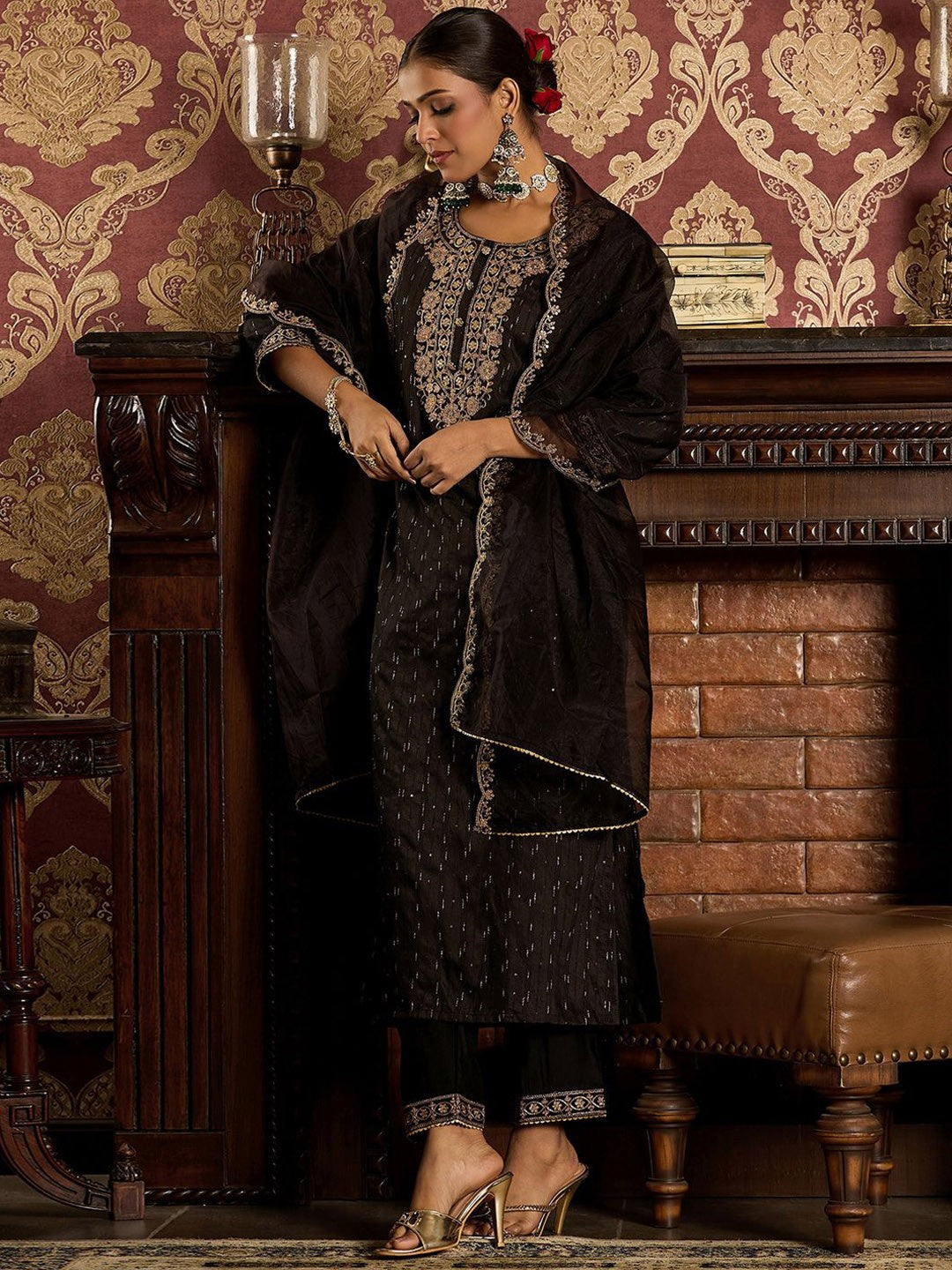 Women Embroidered Regular Sequinned Liva Kurta with Trousers & With Dupatta