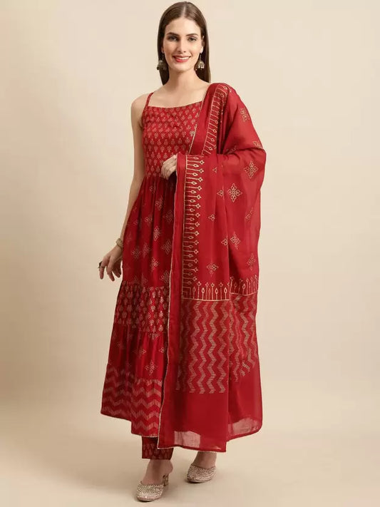 Women Red Spaghetti Viscose Rayon Kurta, Pant And Dupatta Set