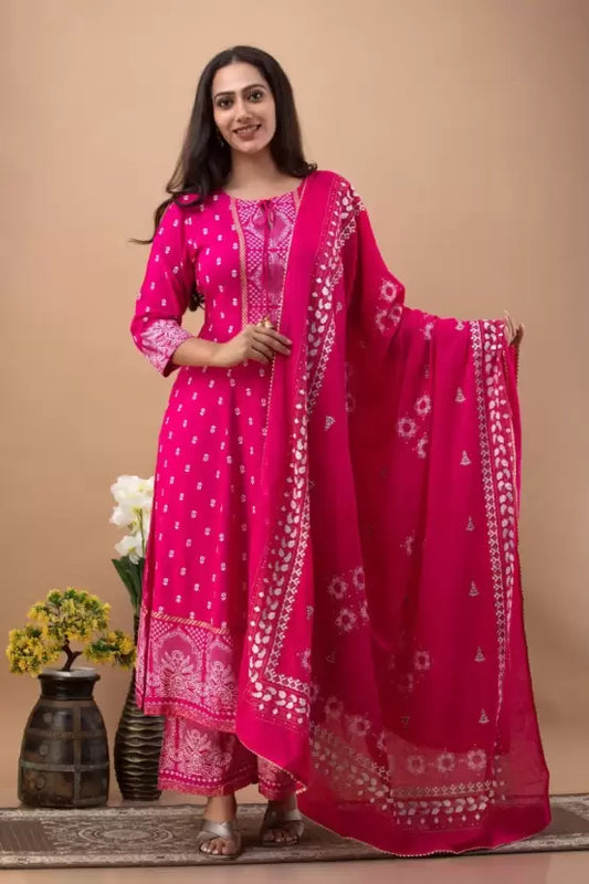 Women Pink Viscose Rayon Kurta Palazzo Set