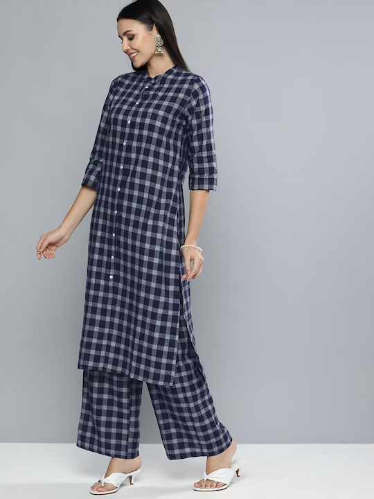 Women Navy Blue & Off-White Checked Kurta with Palazzos & Dupatta