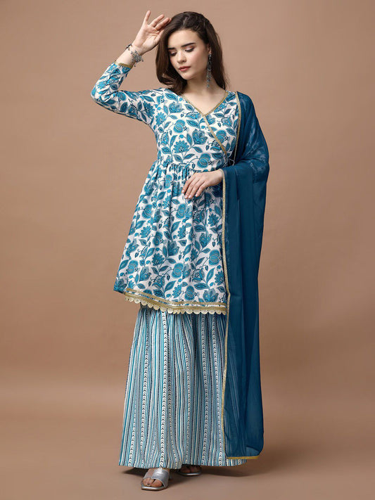 Floral Printed V-Neck Three-Quarter Sleeves Cotton Kurti with Sharara