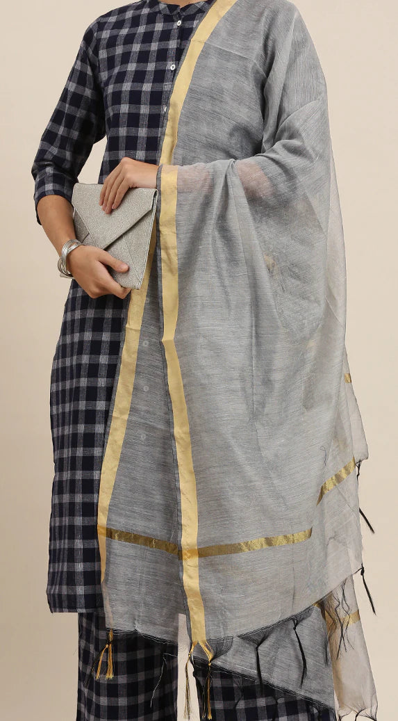 Women Navy Blue & Off-White Checked Kurta with Palazzos & Dupatta