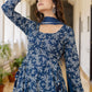 Blue Floral Printed Empire Pure Cotton Anarkali Kurta With Pyjama & Dupatta