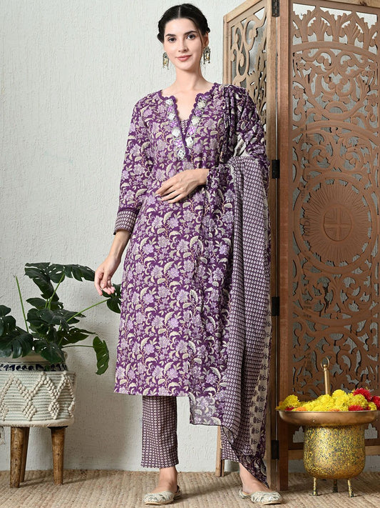 Floral Printed Pure Cotton Straight Kurta With Trousers & Dupatta