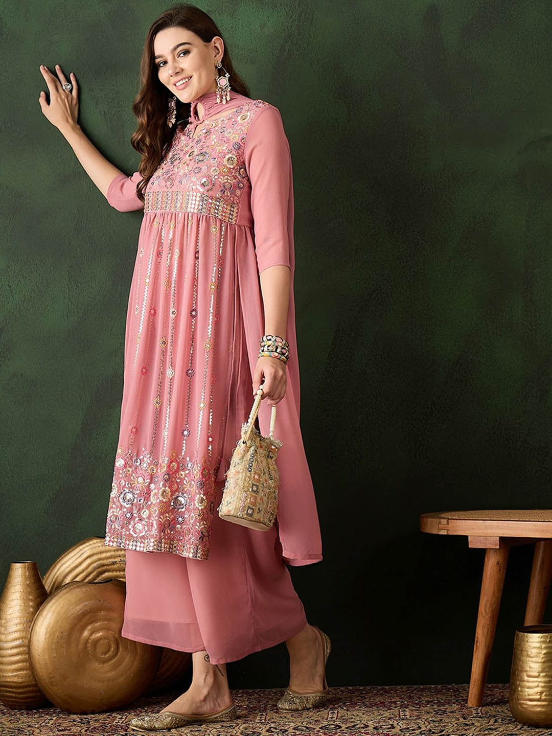 Embroidered Kurta & Trousers With Dupatta