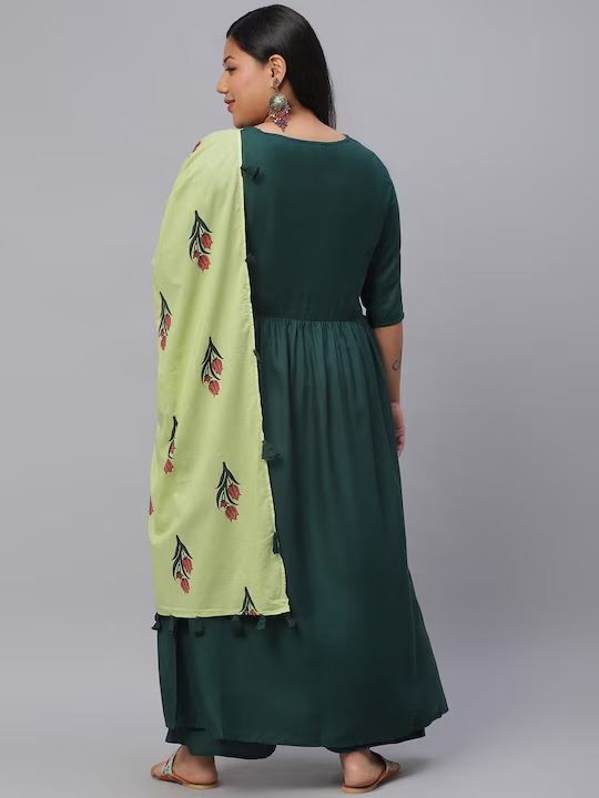 Plus Size Women Green Kurta with Palazzos & With Dupatta