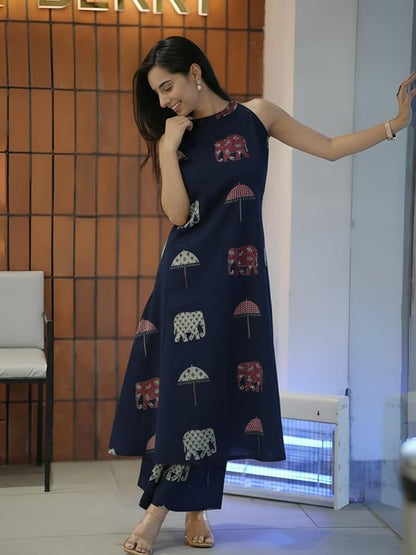 Elephant Print Sleeveless Kurta Palazzo set