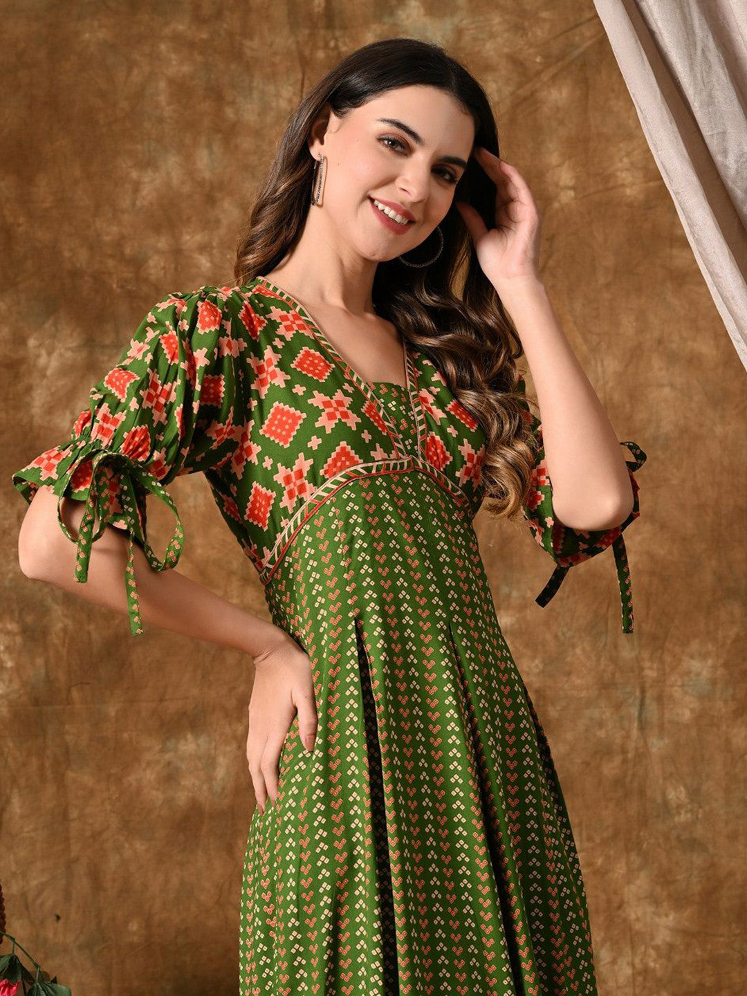 Women Printed Puff Sleeves Cotton Fit & Flare Midi Dress
