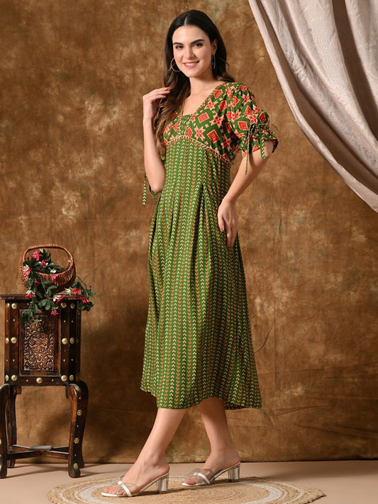 Women Printed Puff Sleeves Cotton Fit & Flare Midi Dress