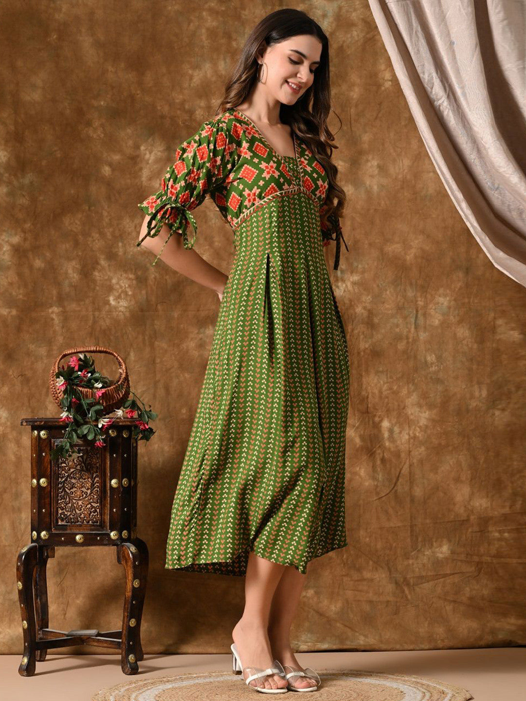 Women Printed Puff Sleeves Cotton Fit & Flare Midi Dress