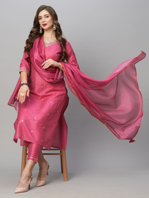 Ethnic Motifs Embroidered Straight Kurta With Trousers & Dupatta