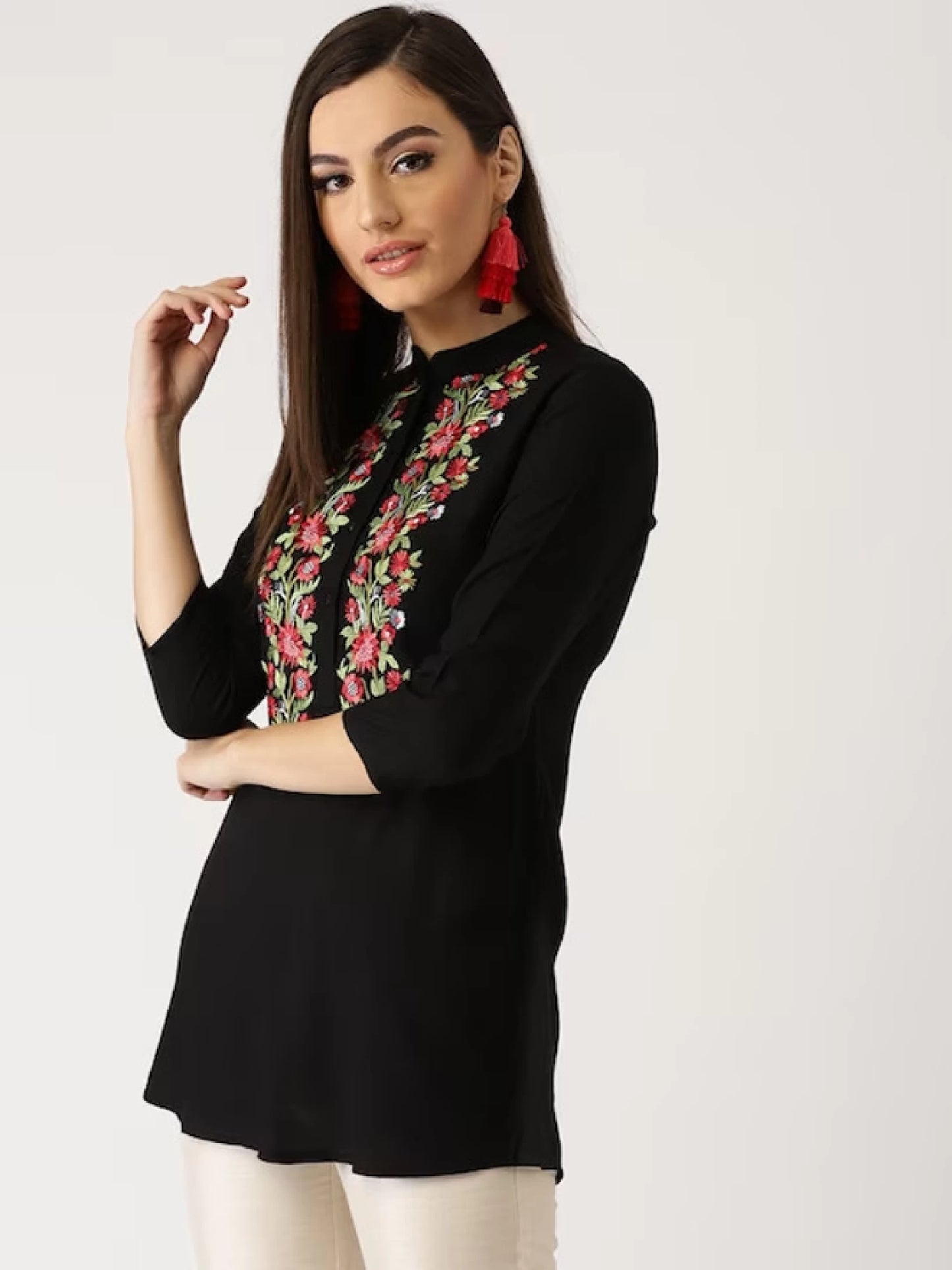 Casual Regular Sleeves Embroidered Women Black Top