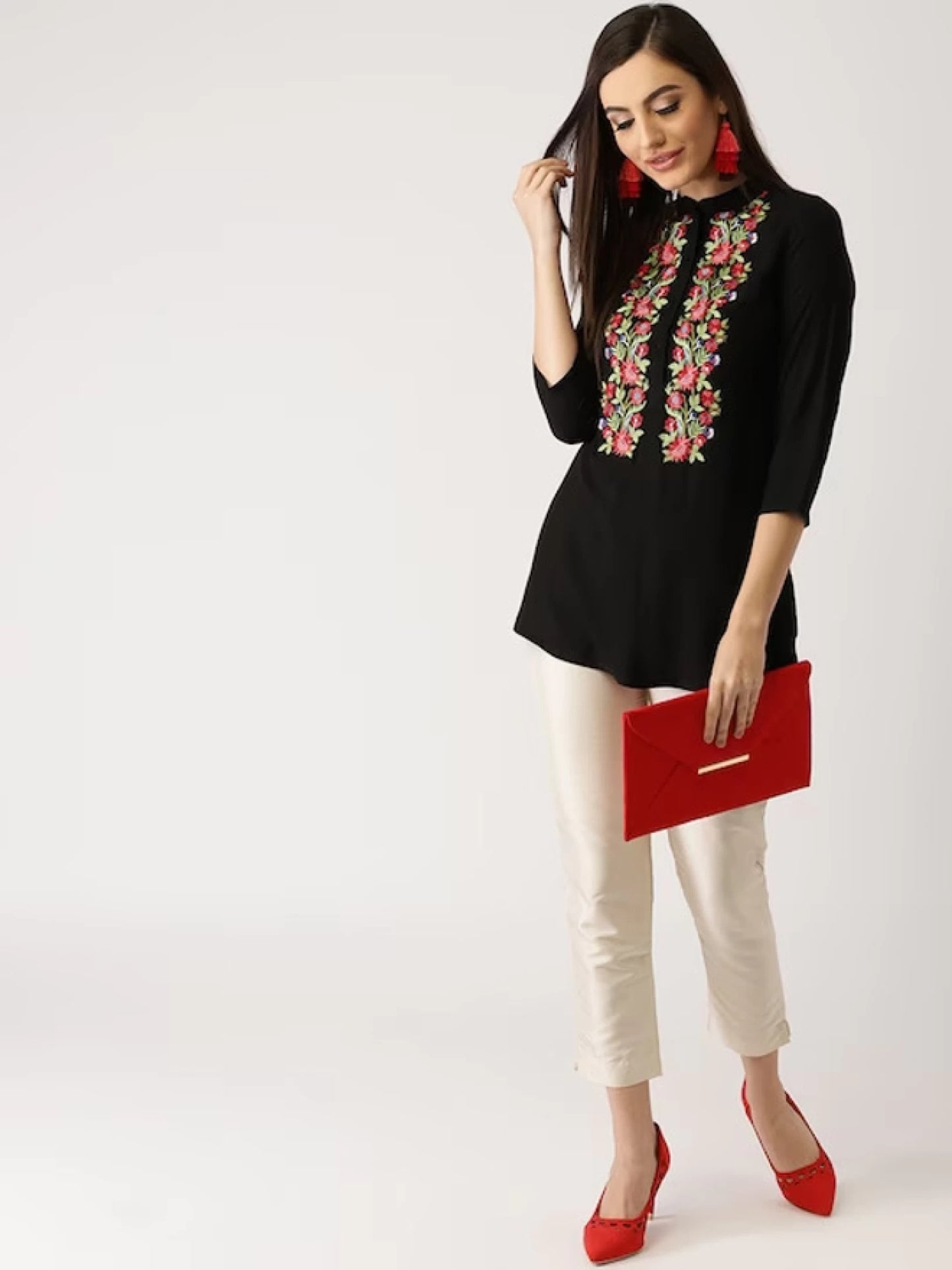 Casual Regular Sleeves Embroidered Women Black Top