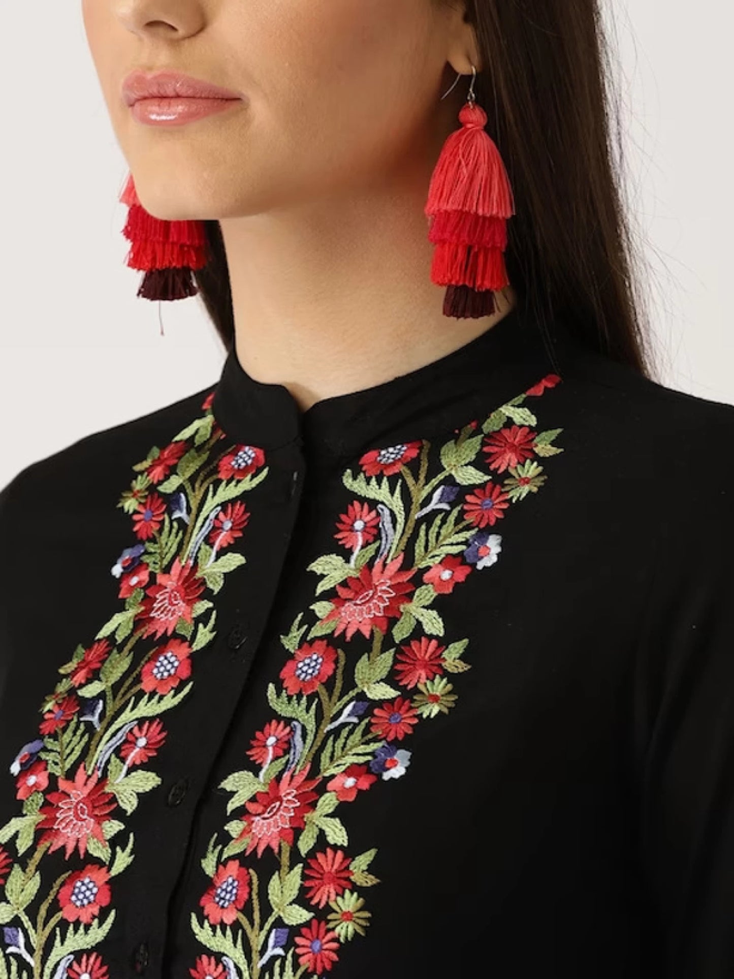 Casual Regular Sleeves Embroidered Women Black Top