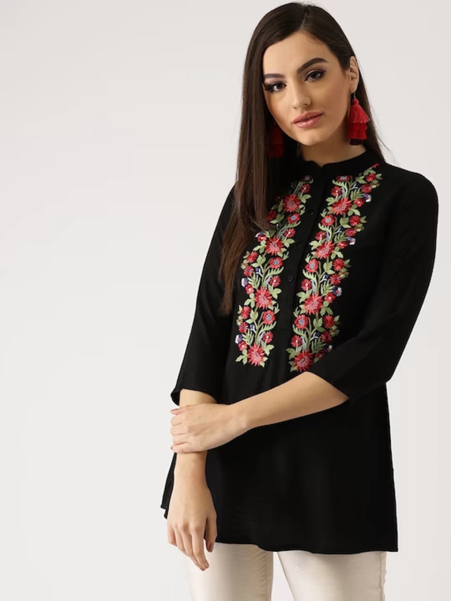 Casual Regular Sleeves Embroidered Women Black Top