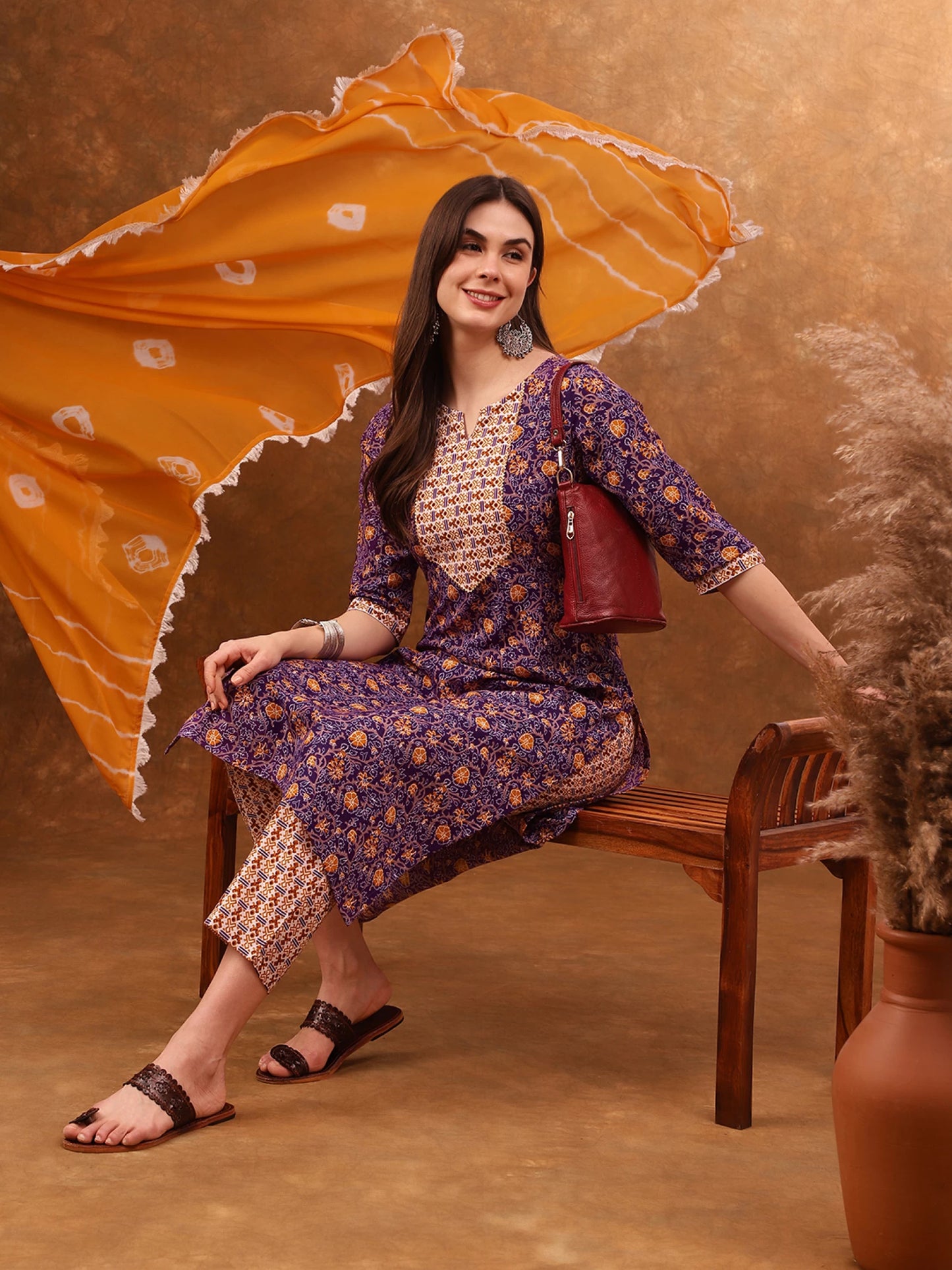 Women Cotton Blend Kurta Pant Dupatta Set