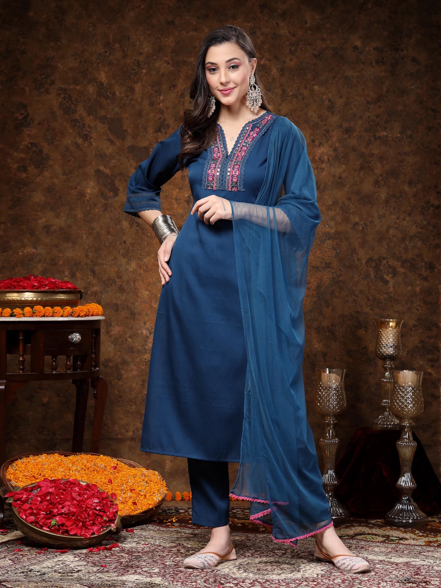 Women Crepe, Net Kurta Pant Dupatta Set