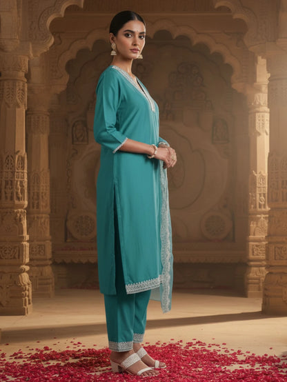 Women Silk Blend Kurta Pant Dupatta Set