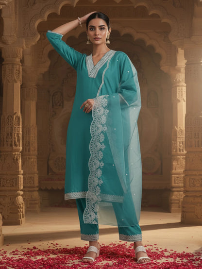 Women Silk Blend Kurta Pant Dupatta Set