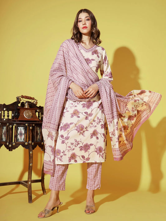 Women Pure Cotton Kurta Pant Dupatta Set