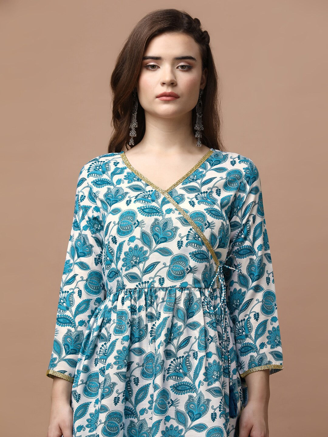 Floral Printed V-Neck Three-Quarter Sleeves Cotton Kurti with Sharara