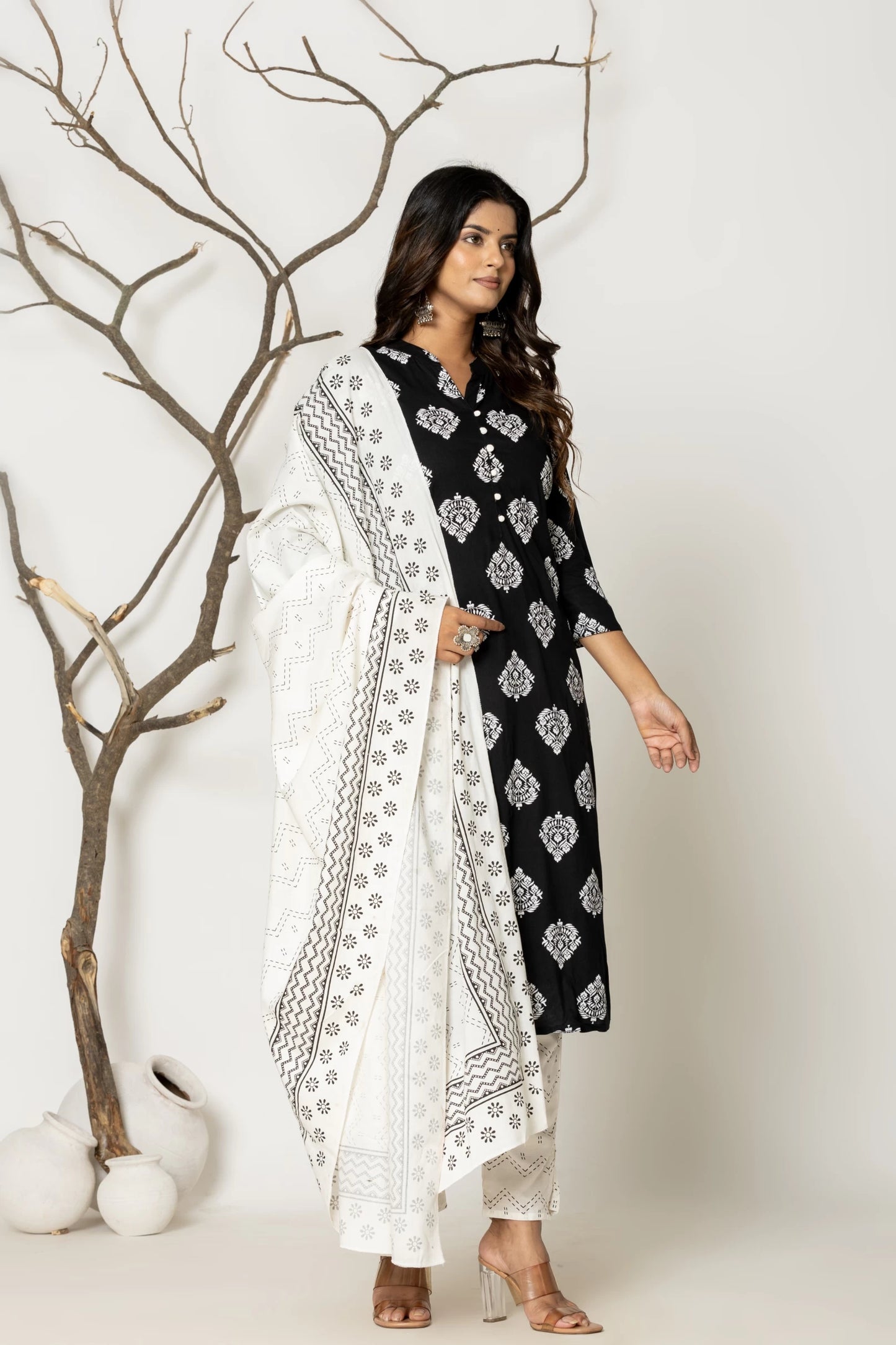 Women Black Pure Cotton Kurta Pant Dupatta Set