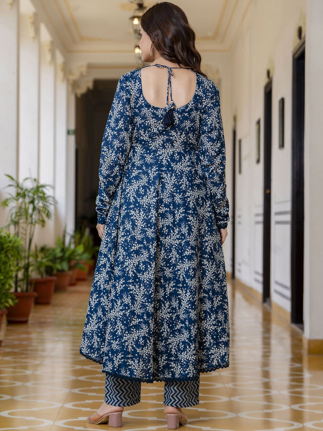 Blue Floral Printed Empire Pure Cotton Anarkali Kurta With Pyjama & Dupatta