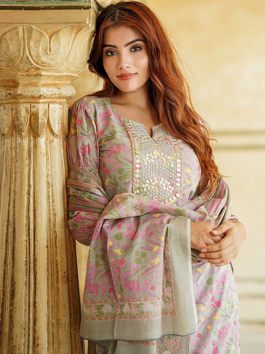 Ethnic Motifs Embroidered Thread Work Pure Cotton Kurta with Trousers & Dupatta