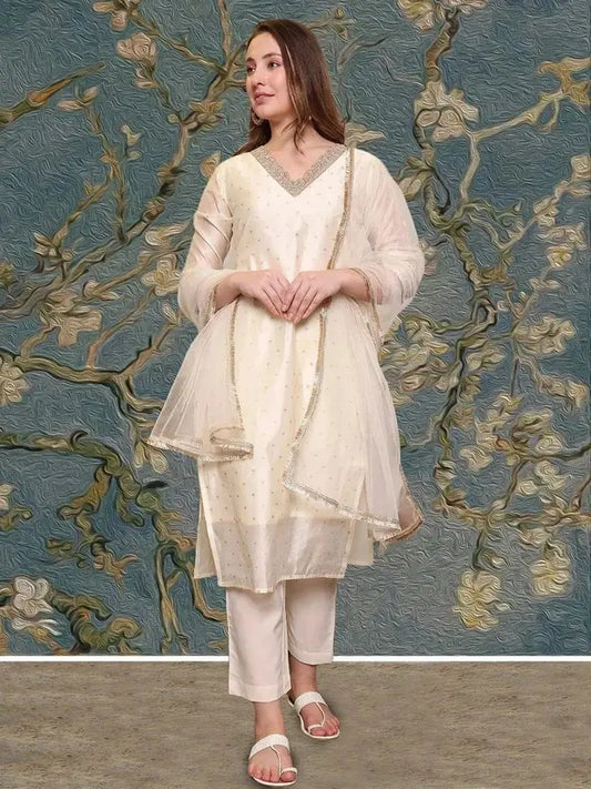 Women Chanderi Kurta Pant Dupatta Set