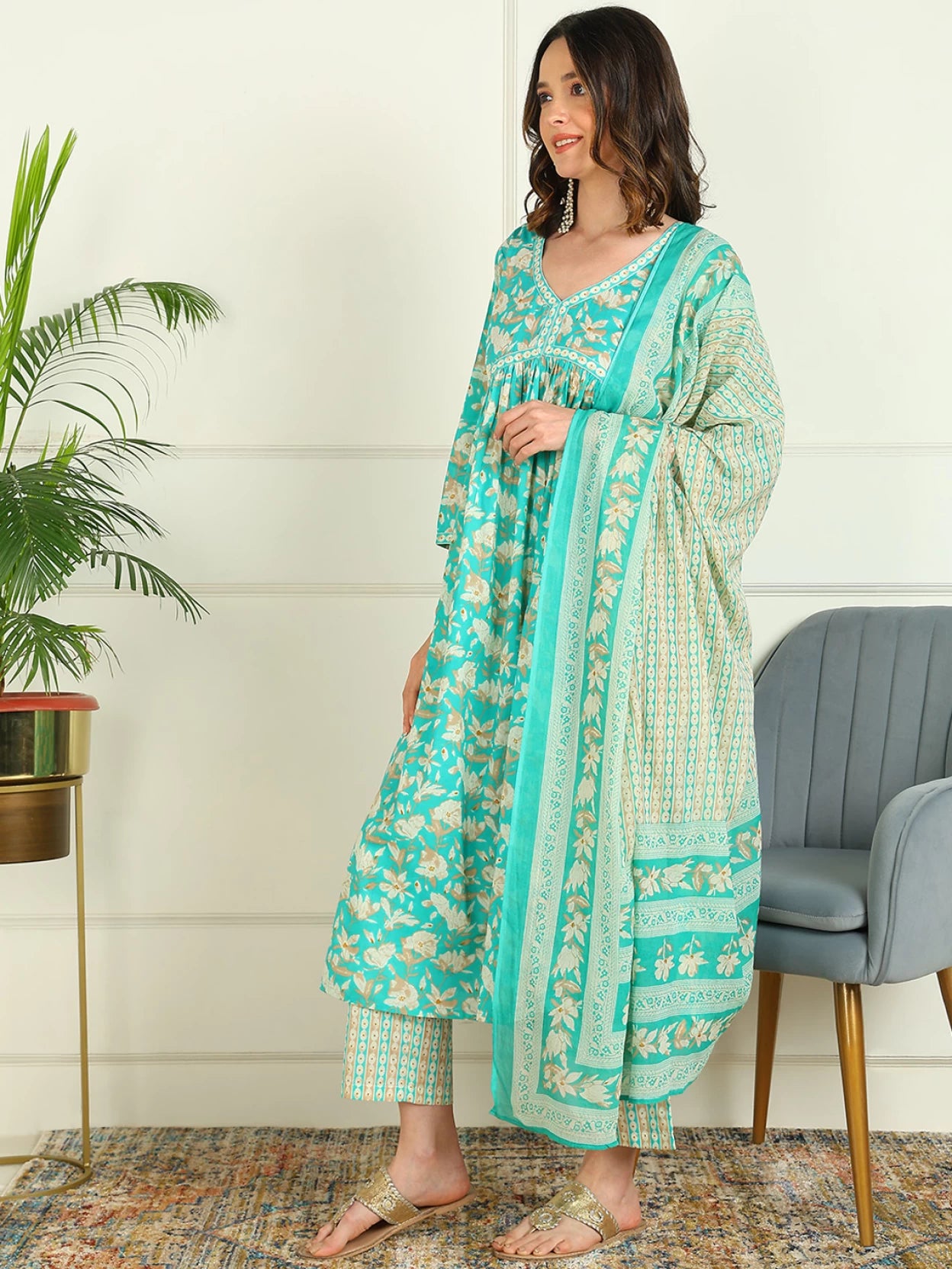 Women Pure Cotton Kurta Pant Dupatta Set