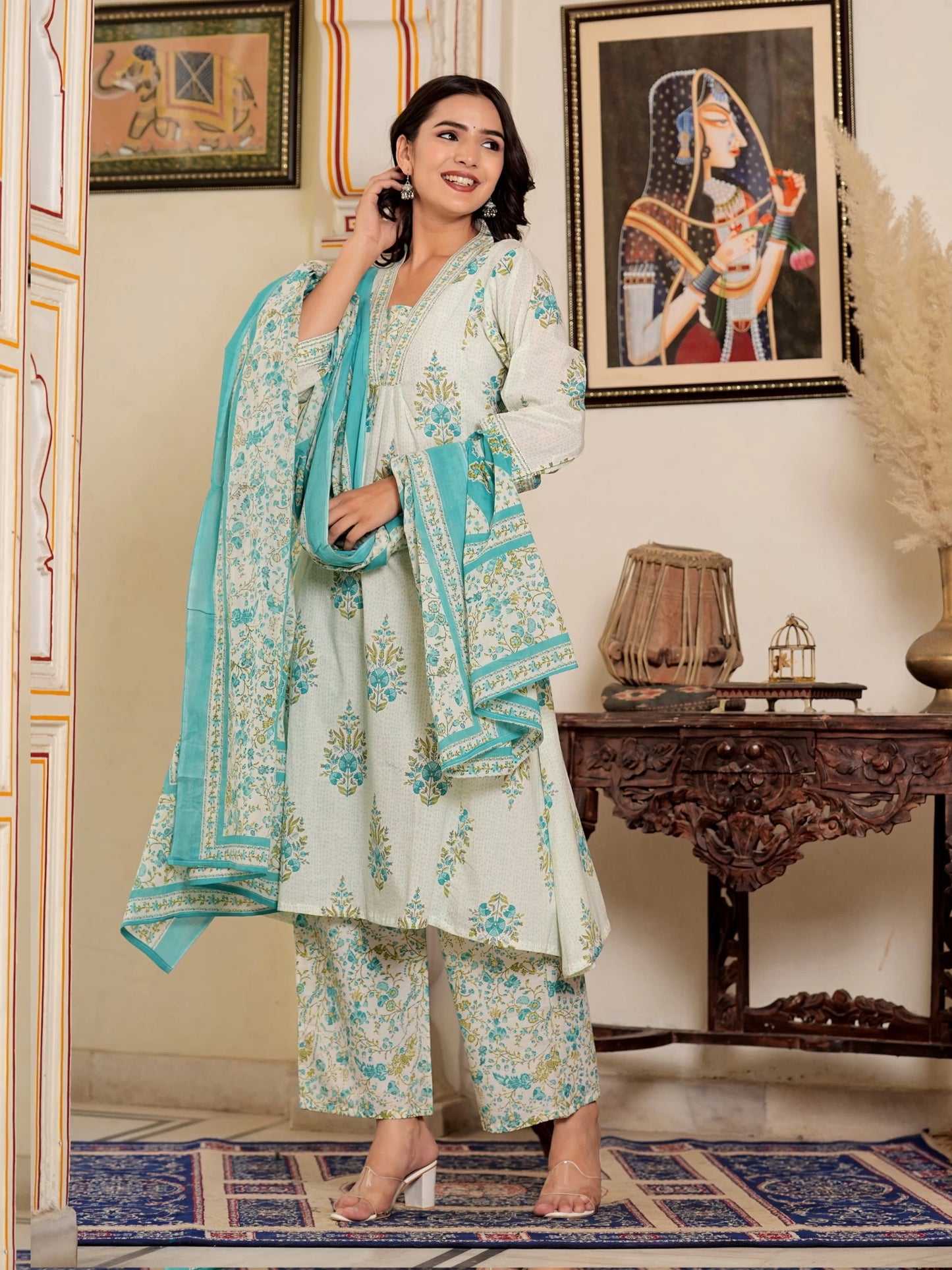 Women Pure Cotton Kurta Palazzo Attached Dupatta Set