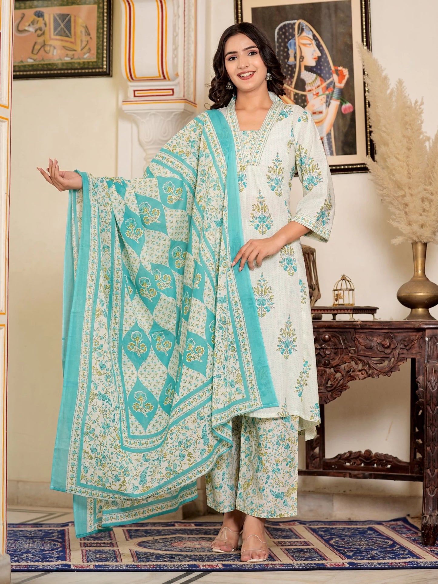 Women Pure Cotton Kurta Palazzo Attached Dupatta Set