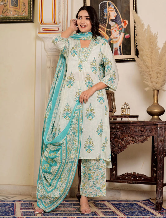 Women Pure Cotton Kurta Palazzo Attached Dupatta Set