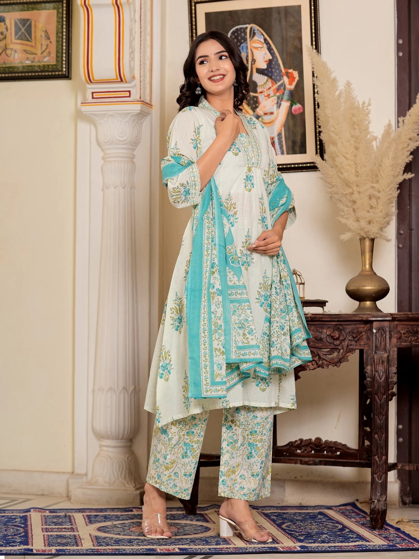 Women Pure Cotton Kurta Palazzo Attached Dupatta Set