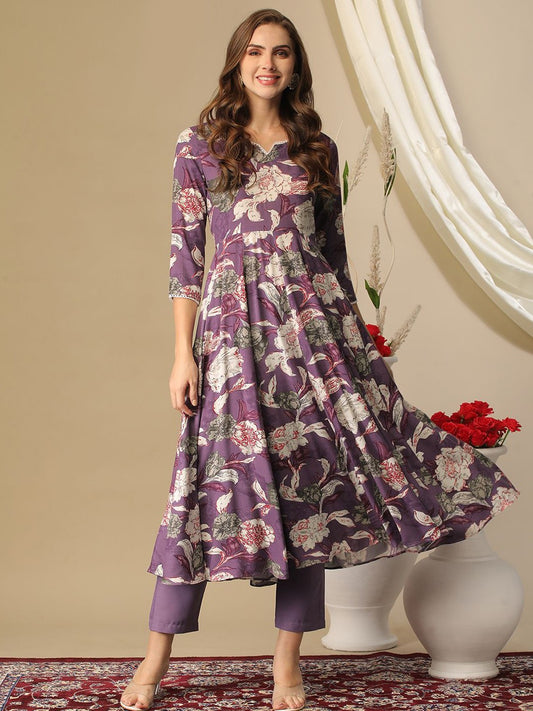 Floral Printed Notched Neck Anarkali Kurta With Trousers