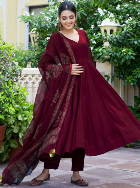 Anarkali Kurta With Trousers & Dupatta