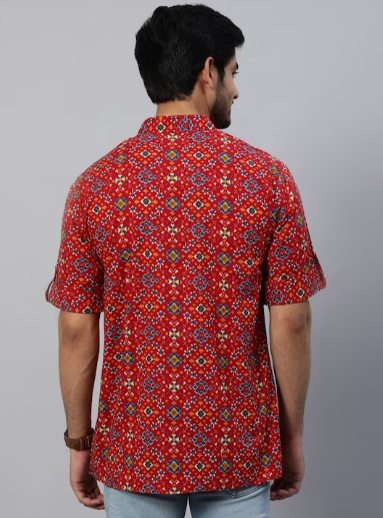 Geometric Printed Mandarin Collar Cotton Kurta
