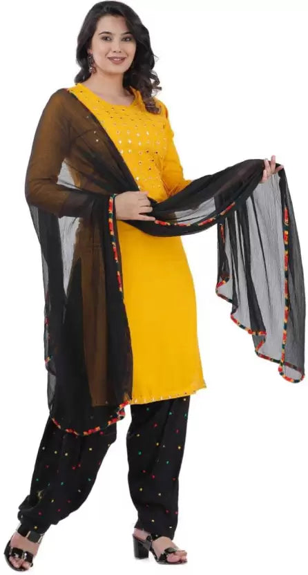 Mirror Work Yellow Kurta and Black Patiala with Black Dupatta Embroidered Kurta, Patiala & Dupatta