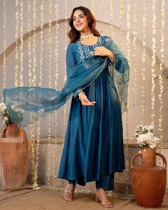 Women Embroidery Solid A-Line Kurta and Pant Set with Dupatta