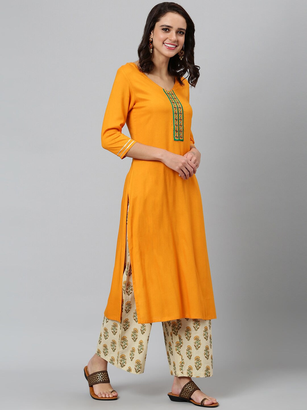 Women Mustard Yellow Printed Yoke Design Regular Kurta with Palazzos & Dupatta