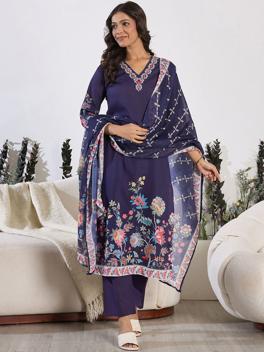 Women Floral Printed Regular Thread Work Kurta with Trousers & With Dupatta