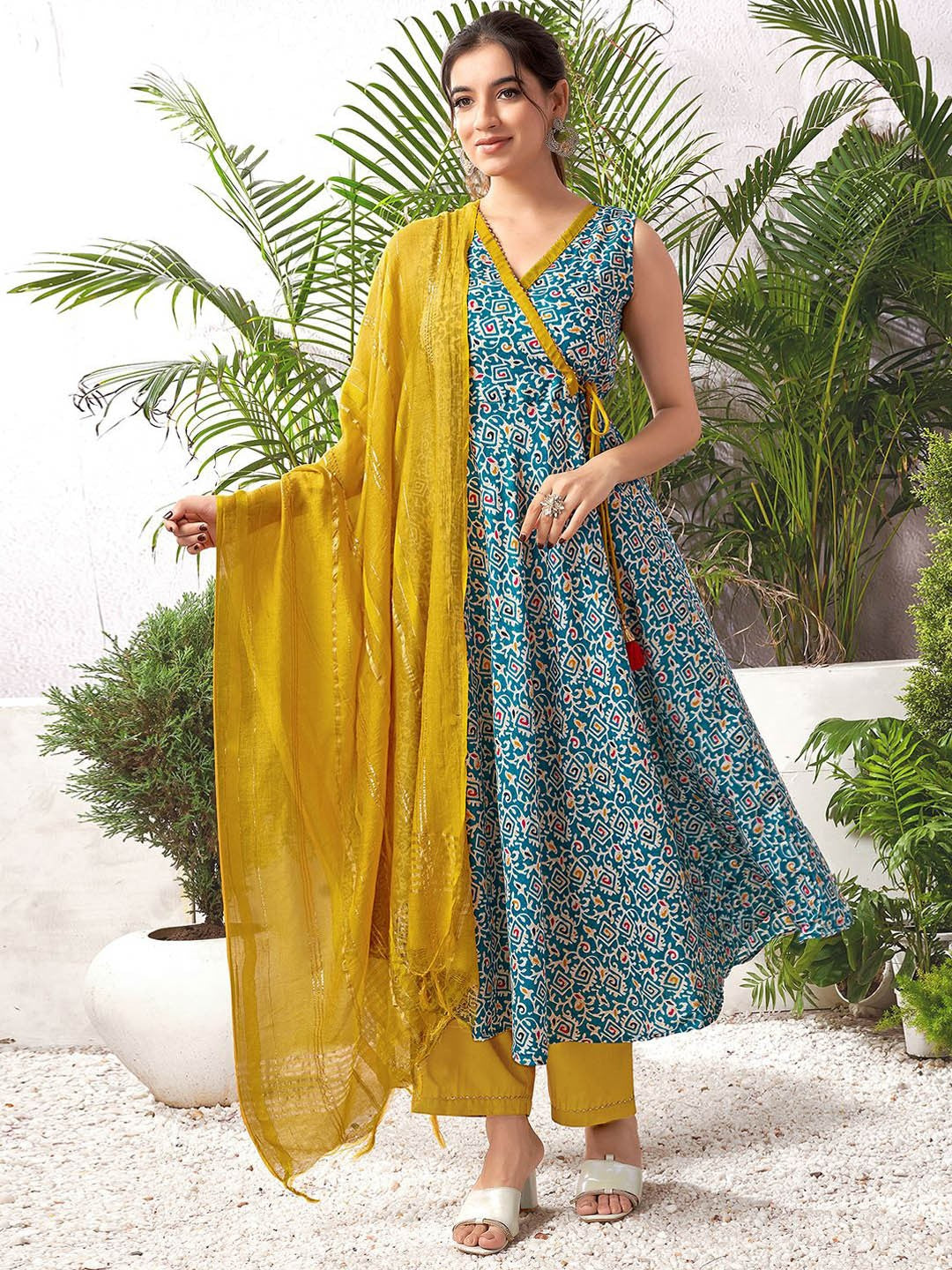 Ethnic Motifs Printed Angrakha Anarkali Kurta With Palazzos & Dupatta