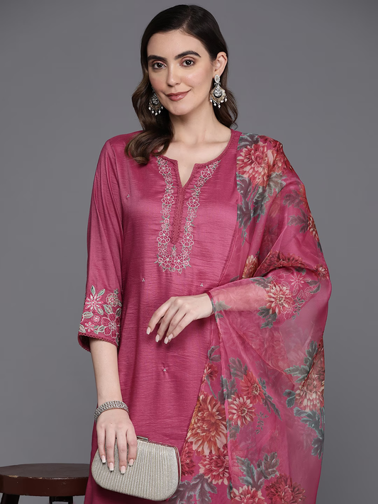 Floral Embroidered Thread Work Kurta with Trousers & Dupatta