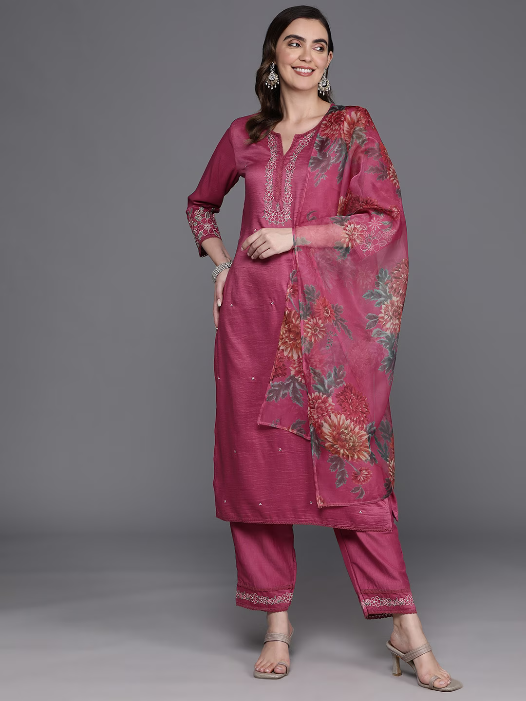 Floral Embroidered Thread Work Kurta with Trousers & Dupatta