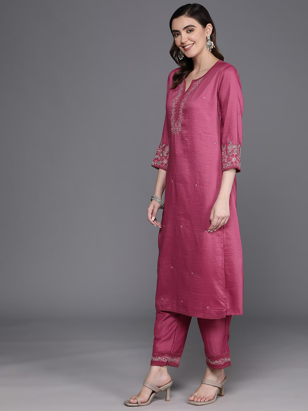 Floral Embroidered Thread Work Kurta with Trousers & Dupatta