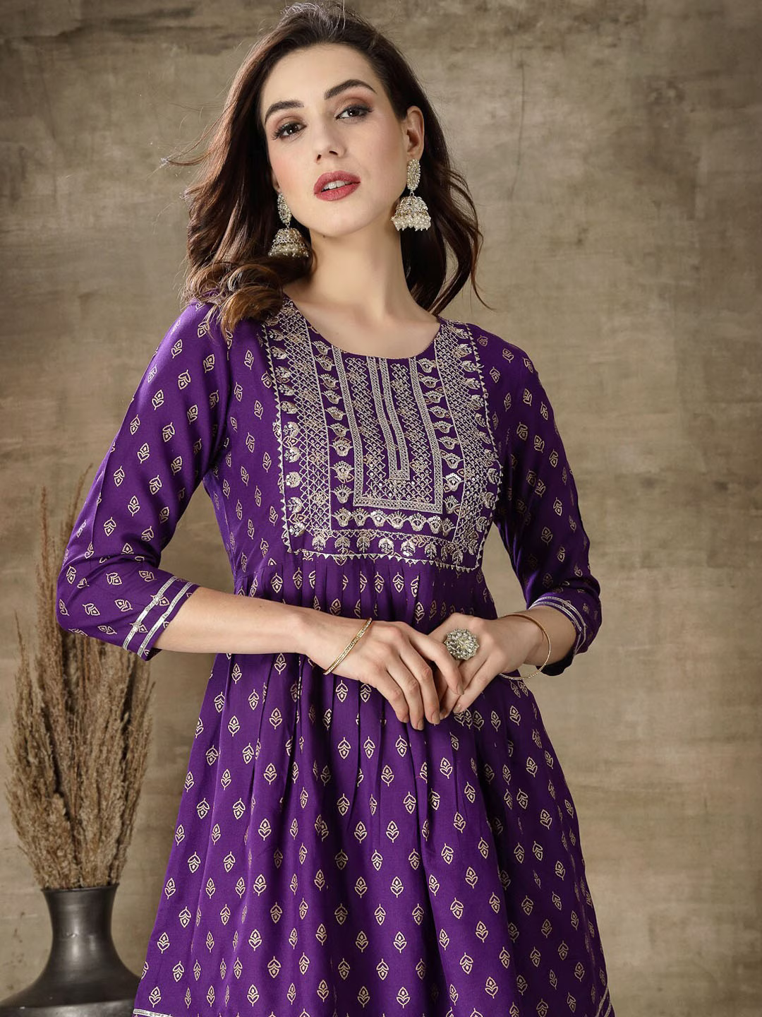 Ethnic Motifs Printed Gotta Patti A Line Kurti With Dhoti Pants